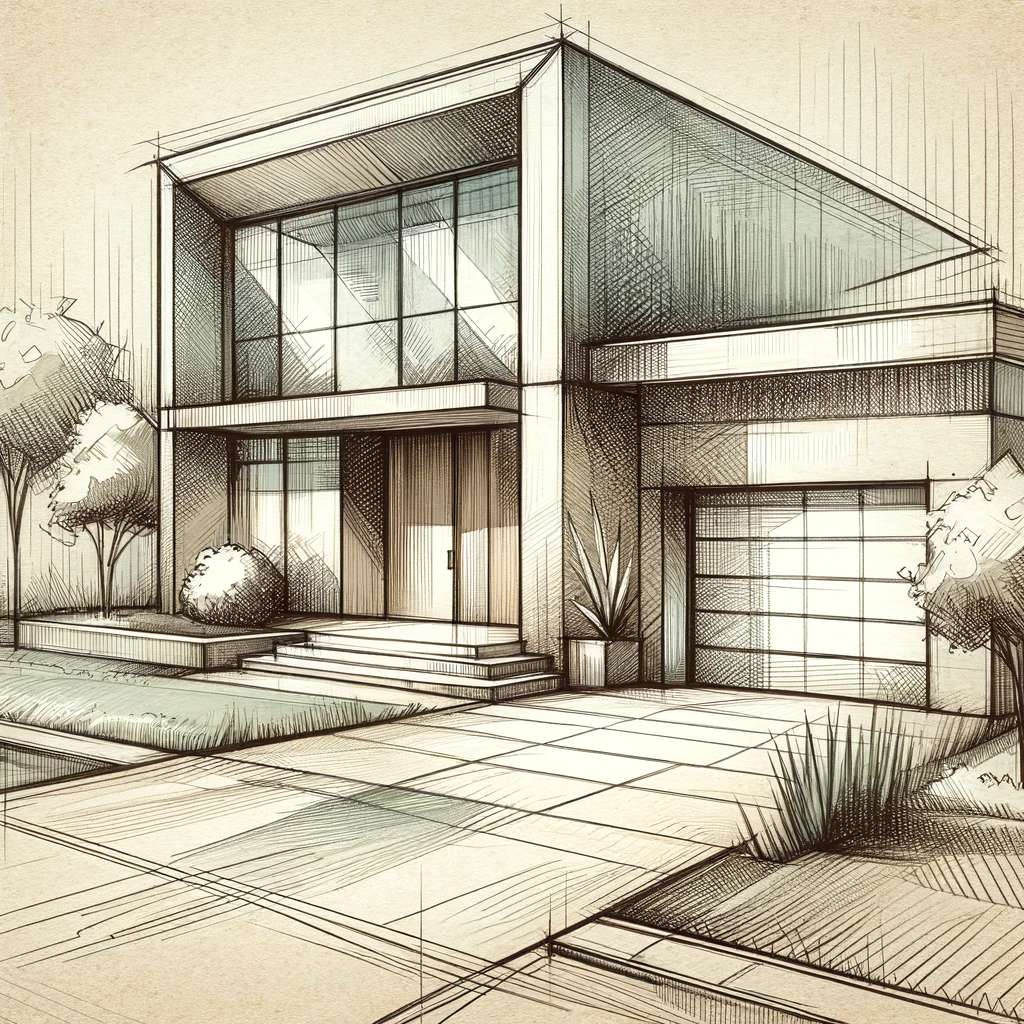 Hand-drawn sketch of a modern house with a full-view glass garage door